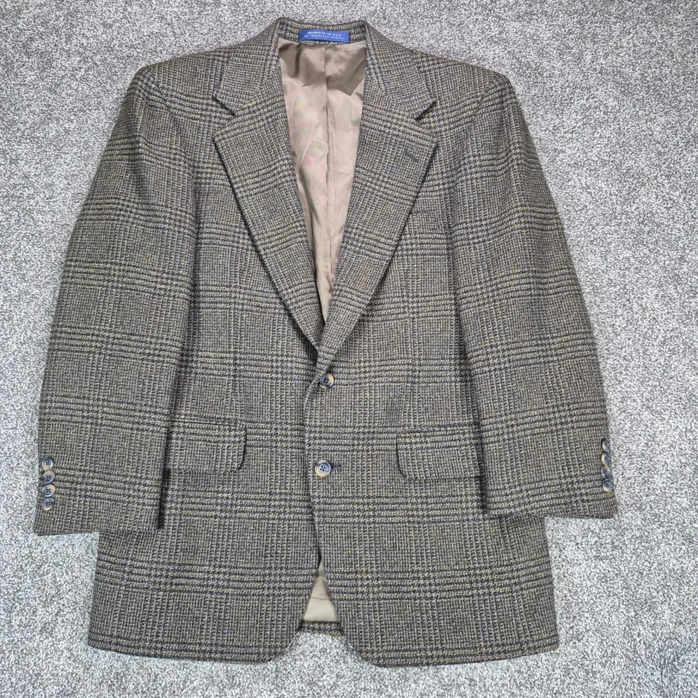 E. Thomas Nordstrom Wool Cashmere Blazer Mens 38R Brown Glen Plaid Sport Coat